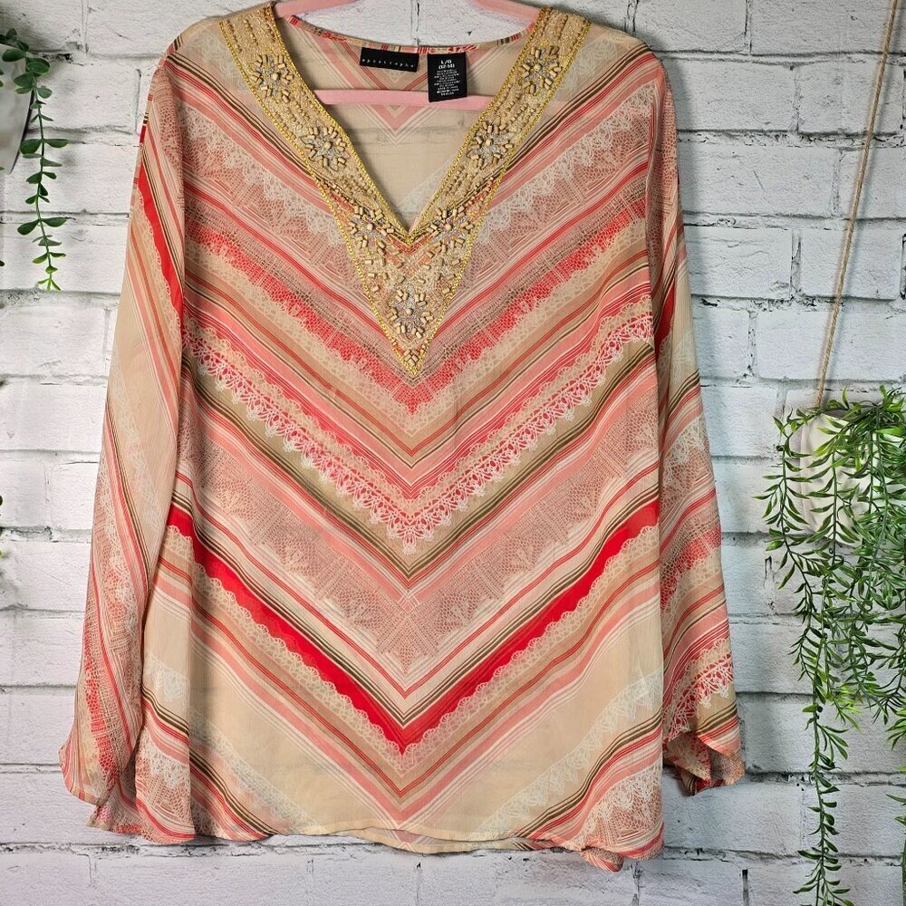 APOSTROPHE SEMI SHEER TUNIC VNECK WITH BEADS LONG SLEEVE WOMENS SIZE LARGE